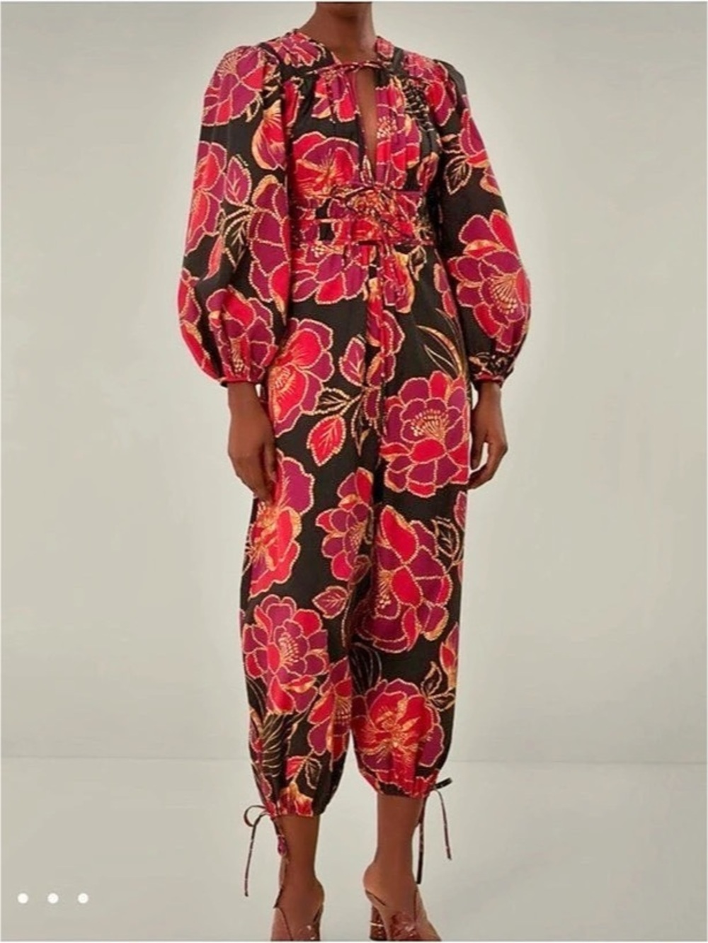 FARM Rio Floral Print Black Shiny Chita Jumpsuit Red & Black XL NWOT